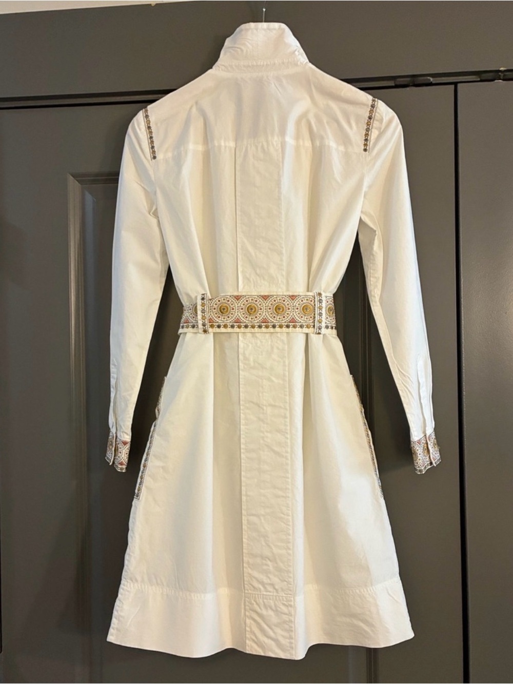White Embroidered Belted Shirt Dress with Gold Accents - Picture 4 of 5
